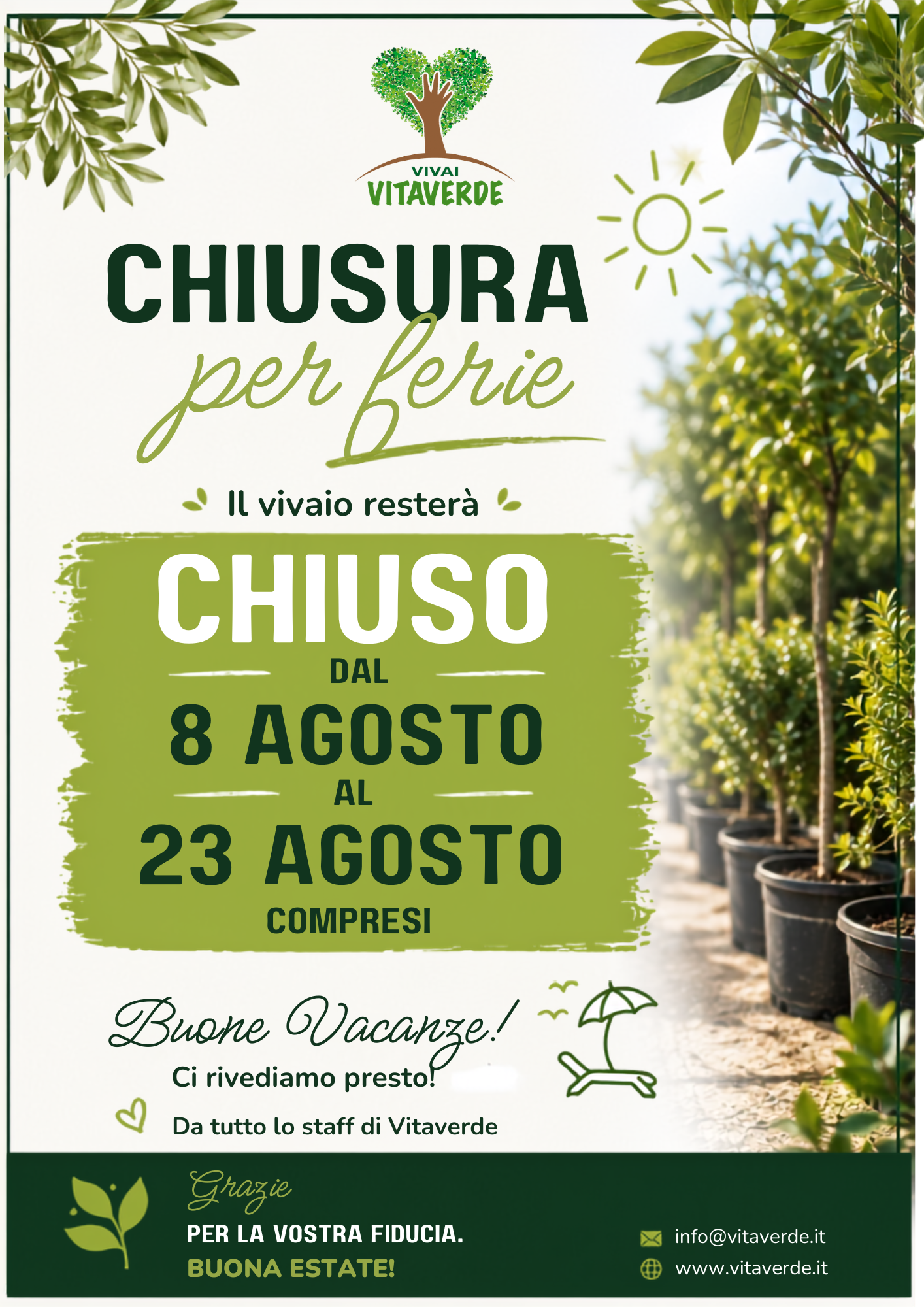 Avviso chiusura per ferie Vivai Vitaverde dall'8 al 23 agosto
